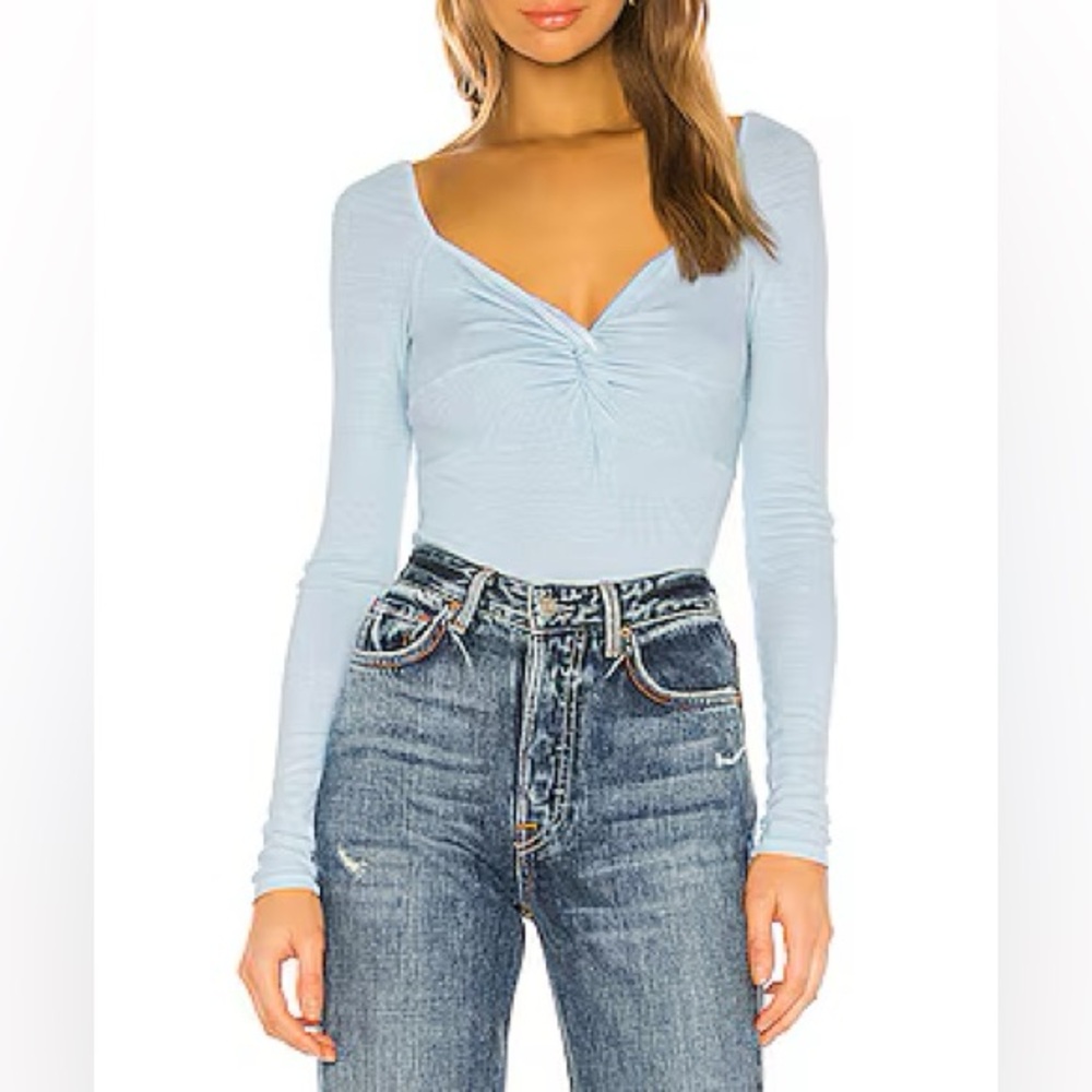 ENZA COSTA Silk Rib Front Knot Long Sleeve Bodysuit in Ice Blue size XS